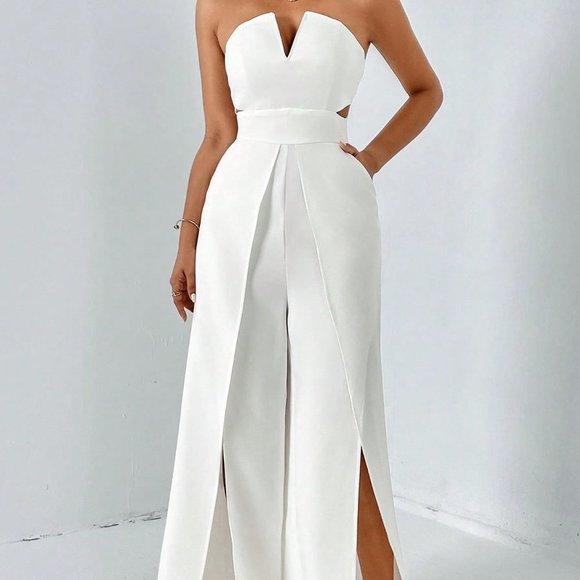 . Pants - White Preppy Womens Split Thigh Tube Jumpsuit